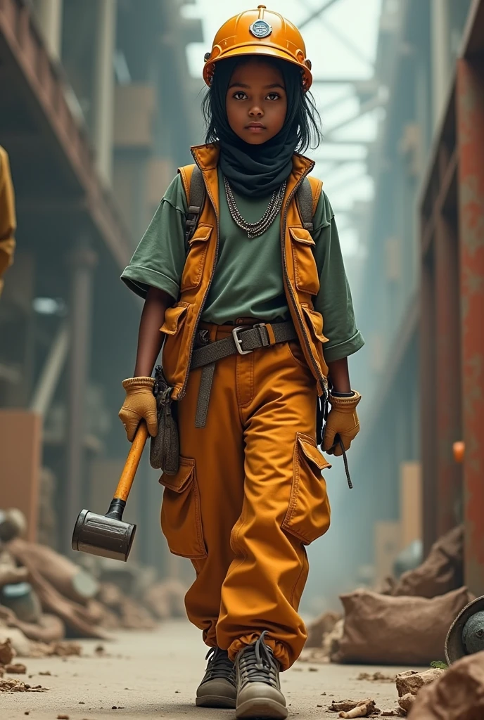 Black muslim girl wearing baggy cargo, vest, engineer cap, engineering costumes, ice chain written (Minnie Nugget) and carrying engineering's materials ( hammer )