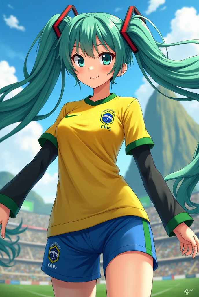 Hatsumi Miku dressed in the Brazilian national football team outfit.