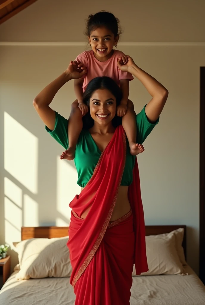 Beautiful and Slim Indian woman Aishwarya Rai in green blouse red saree lifting a large chubby man above her shoulders, man is sitting on woman's shoulder, in a bedroom with high ceiling, natural smile, woman is looking into the camera , she is holding his hands, full body image 