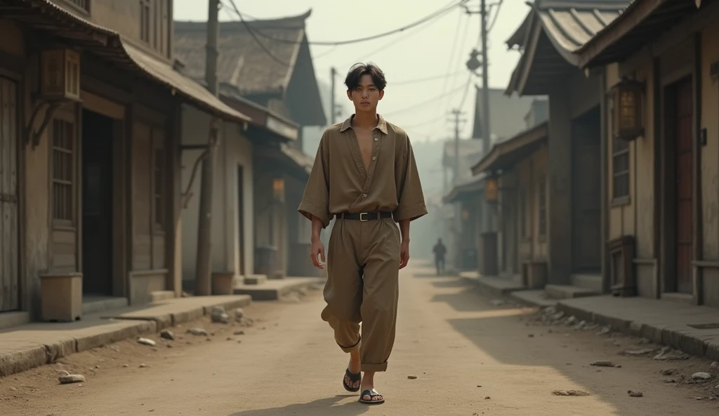 In 1930s, A short hair handsome and moral young man of Asian descent, dressed in the brown clothes without button in the middle instead put on over to the left side like to button, without a collar, featuring long sleeves, a plain design, and made from a lightweight and cheap material, walking leisurely and with grace through a town stricken by poverty and hardship, set in the 1930s. Wide angle view from street level.