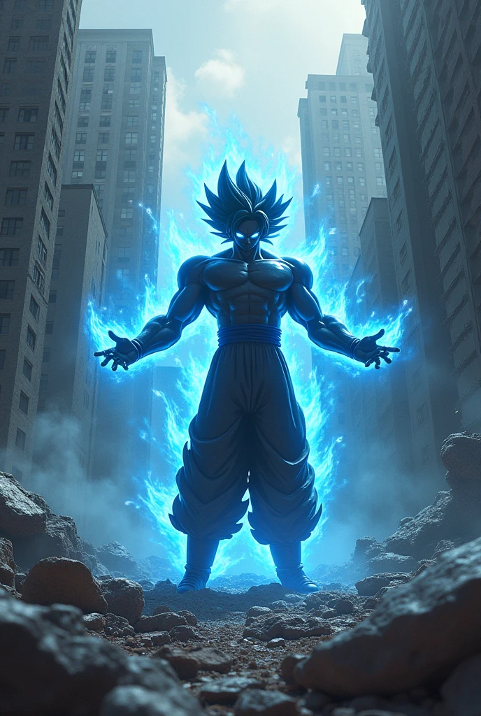Make me a background of a destroyed city and in front appears Black Goku and he is opening his arms so that Black has a blue aura