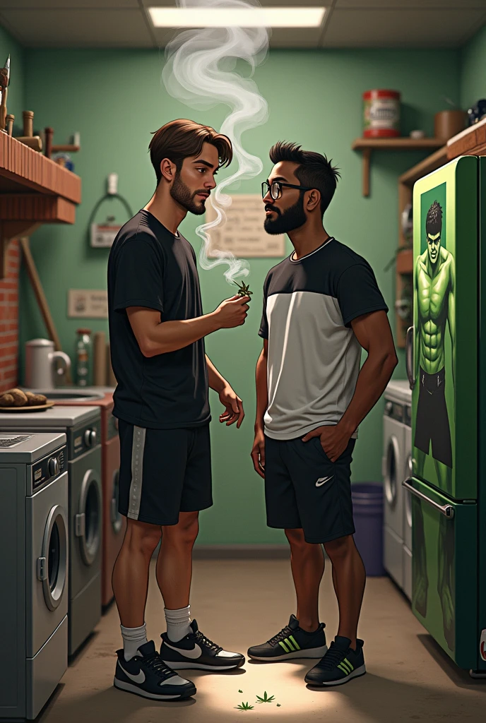 Two Boys Smoking Weed, a brown-haired white man, dressing, black nike shorts and black shirt, the other is dark-skinned, half-Indian, with a beard and black glasses, ele esta dressing camisa preta e branca, a black shorts, They're smoking in the laundry room with a brick barbecue and a refrigerator with the Incredible Hulk on it.