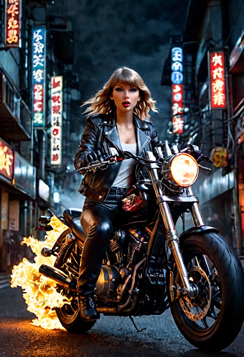 a girl in a leather jacket, leather pants, with a flaming skull head, gloves, and several hell chains wrapped around her forearms, riding a motorcycle through the streets of downtown Tokyo at night, hyperrealistic, 8k, photorealistic, dramatic lighting, cinematic, moody, dark, high contrast, intense colors, volumetric fog, gritty, grunge, marvel's ghost rider, taylor swift
