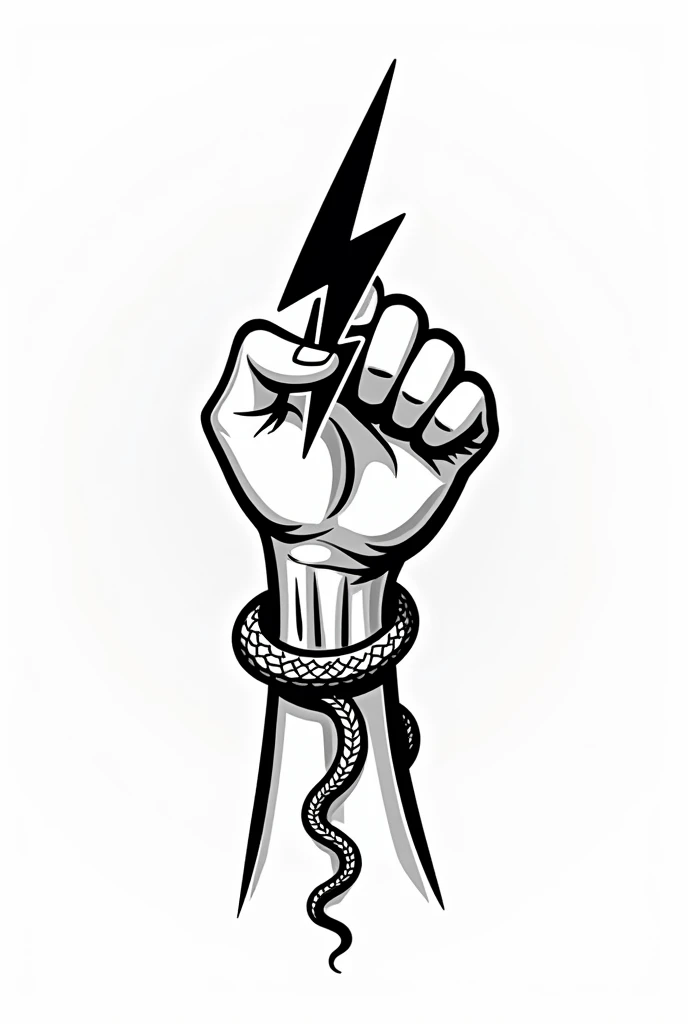Create a logo style image for advertising a medical physiotherapy office with a black and white cartoon style drawing of a hand wielding a lightning bolt and around the forearm wrapped 2 snakes sticking their heads out
