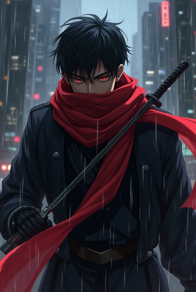 An anime character;
A man with brown skin, Bblack hair, Eyes red, short beard.
Uses a look that is a mix of ninja and assassin, black color with a long red scarf that at the same time covers his mouth and nose.
holding a dagger with blood on the blade.
in an attack pose.
the background on a rainy day at night.