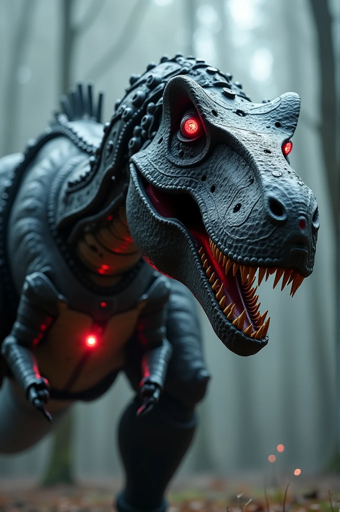 A massive (mechanized robotic_2) tyrannosaurs rex, highly detailed, intricate mechanical gears and components, dark metallic body, glowing red eyes, steam vents, industrial cyberpunk style, dramatic lighting, cinematic composition, 8k, hyper-realistic, unreal engine, award winning cgi, professional 3d rendering