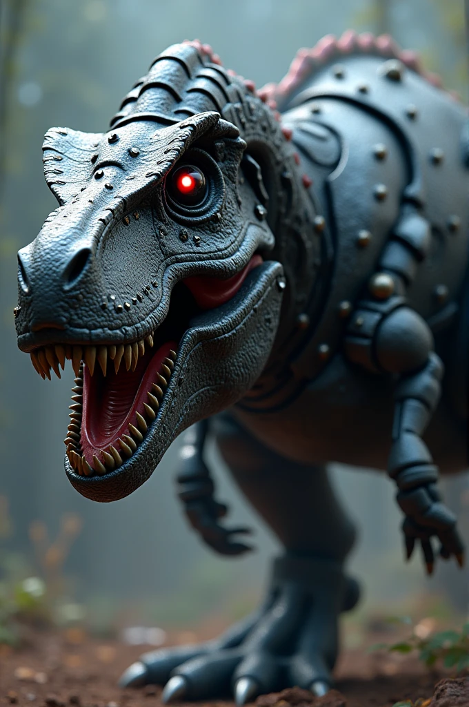 A massive (mechanized robotic_2) tyrannosaurs rex, highly detailed, intricate mechanical gears and components, dark metallic body, glowing red eyes, steam vents, industrial cyberpunk style, dramatic lighting, cinematic composition, 8k, hyper-realistic, unreal engine, award winning cgi, professional 3d rendering