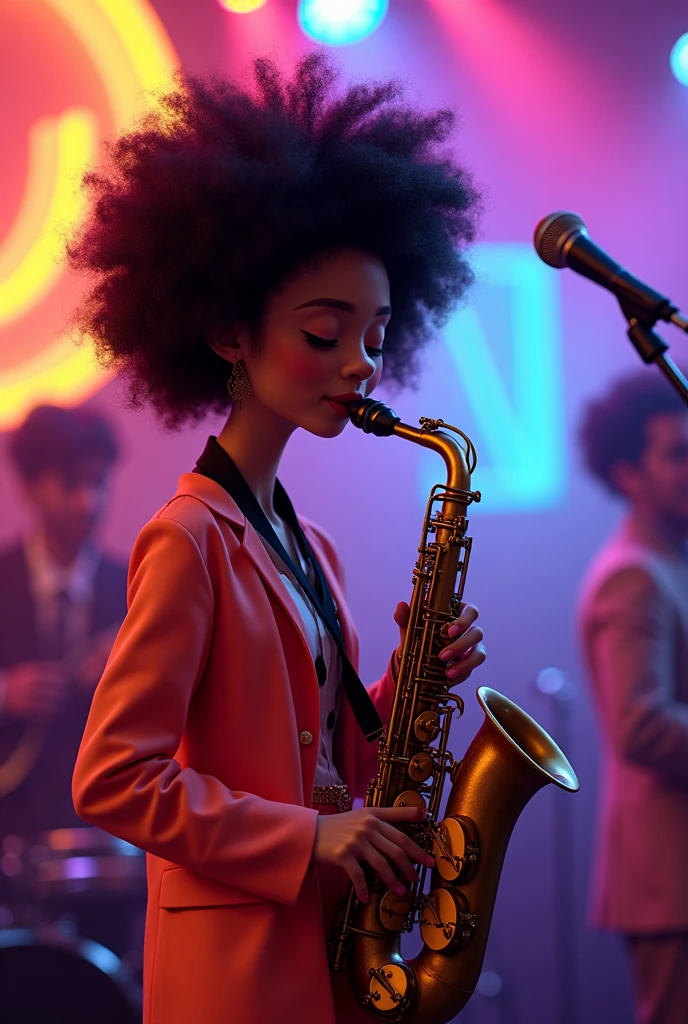 (masterpiece, Highest quality), A Japanese woman with afro hair playing the saxophone, beautiful顔, , beautiful, Small breasts,band, Cool vibe,, Cute night vibe, concentrate,, Funk , Neon colored clothes , Small breasts, smile, live house,Pixar Style,limbs are short