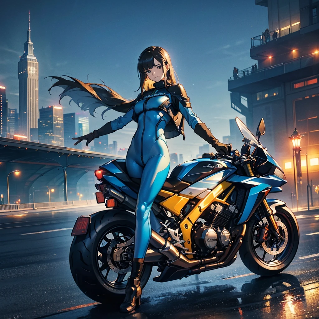 Sky City、(masterpiece), Highest quality, Fantasy art, One person, (alone:1.5), riding on a cyberpunk style motorcycle,  Ground vehicles, car, Speed Line, Bright colors,spark,(Racing Suits),(Racing Gloves),((Remember)),((Butt)),(Sweat),(hand,detailed,perfection,perfectionion,hands),