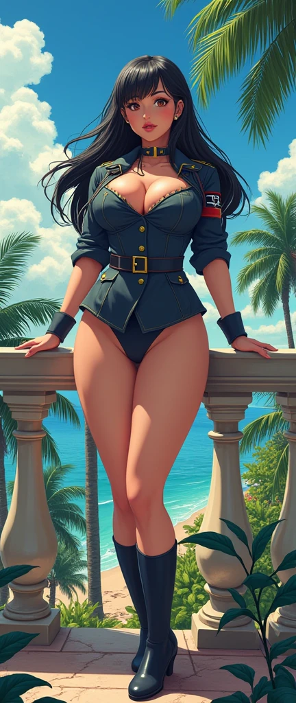 Extremely detailed, very sharp, best quality, female, thick thighs, massive boobs, lewd anime girl, black hair, wearing a Waffen SS uniform and standing on a balcony, tropical scenery.