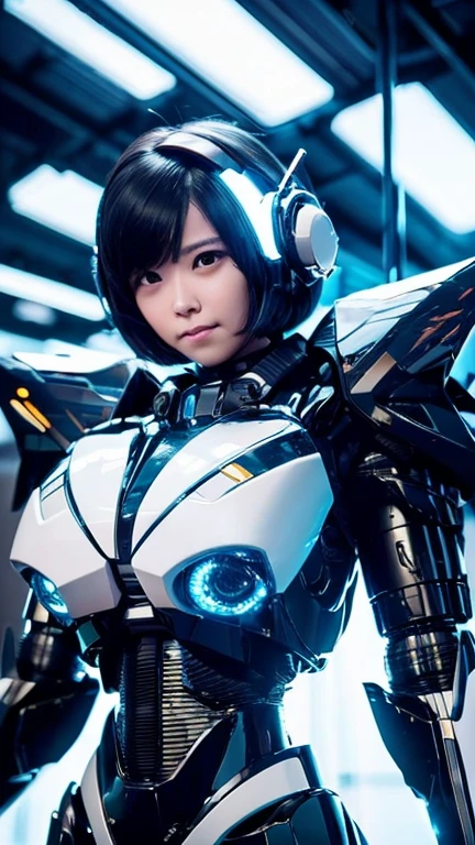 Wide-angle shot, 1 female, Mecha, Glowing black eyes, Very cute face, (Realistic:1.37), バイオMechaニカル, Spaceship interior bokeh background, Ultra-realistic, Very detailed, Very intricate details, Beautiful woman in focus、