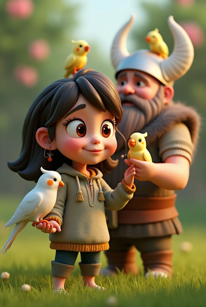 viking man and animation chubby 30 year old woman, pixar 3d model, with medium dark brown hair, fair skin, round eyes, with a cockatiel on her shoulder, and a cockatiel in her hand, in a grassy place with birdshaving sex
