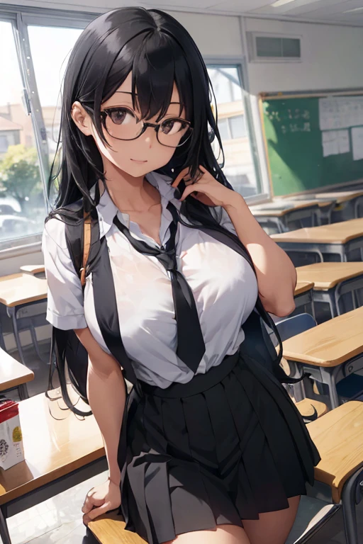 1 female, black long hair, black eyes, glasses, huge breast, thick legs, school uniform, in school, lunch room