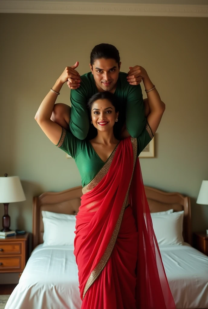 Beautiful and Slim Indian woman Aishwarya Rai in green blouse red saree lifting a large chubby man above her shoulders, man is sitting on woman's shoulder, in a bedroom with high ceiling, natural smile, woman is looking into the camera , she is holding his hands, full body image 