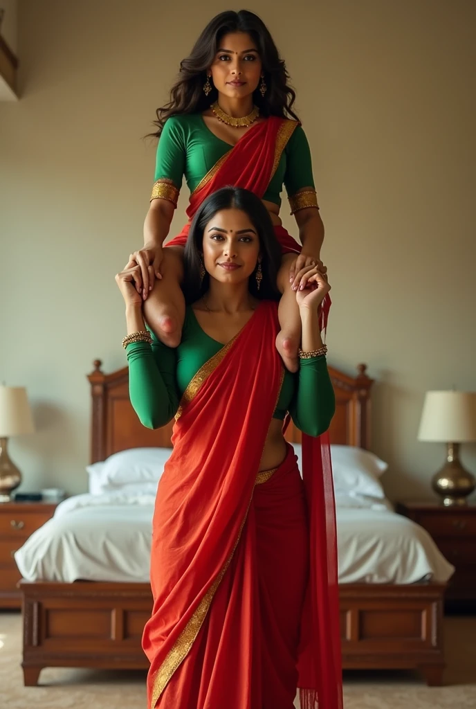 Beautiful and Slim Indian woman Aishwarya Rai in green blouse red saree lifting a large chubby man above her shoulders, man is sitting on woman's shoulder, in a bedroom with high ceiling, natural smile, woman is looking into the camera , she is holding his hands, full body image