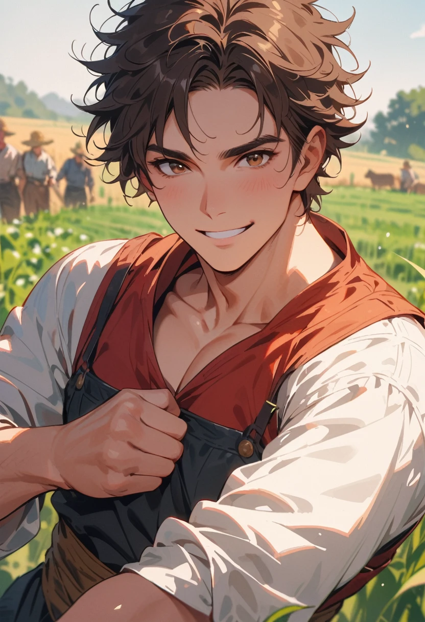 farmer, himbo, scruffy, tall, very tall, muscular, pecs, biceps, brown hair, brown eyes, short hair, messy hair, peasant clothes, waist-up, friendly smile, naive, background in a farm field, cinematic angle, masterpiece, best quality, high resolution