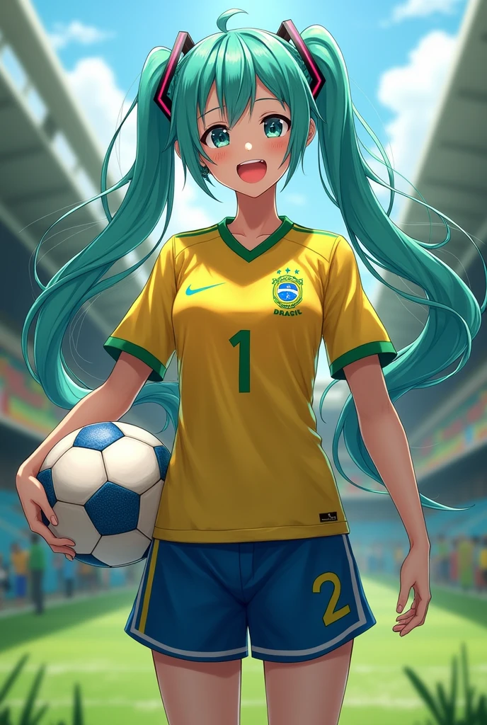 Hatsumi Miku dressed in the Brazilian national football team outfit with a soccer ball in her hand.