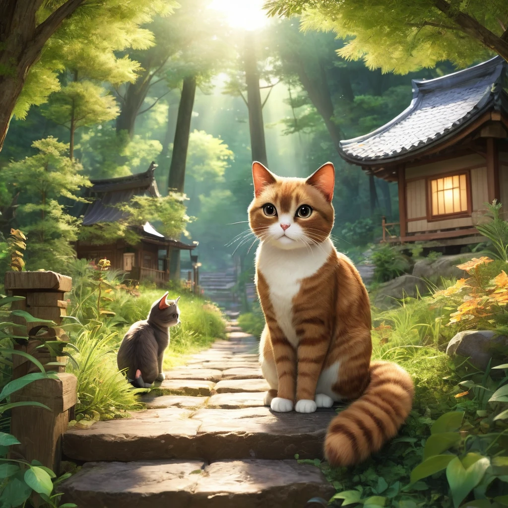 These scenes are depicted in a highly realistic style.、Make sure the cat's facial expressions and movements are exaggerated like a human's。
The main character is a brown cat with cute chubby eyes. The main character is one who never changes. Mimi, the brown cat, gazes out at the large forest that spreads out beyond the village.。Her eyes sparkle、Appearance of having a strong desire。A mysterious light shines into the entrance to the forest.、Attract Mimi's heart。