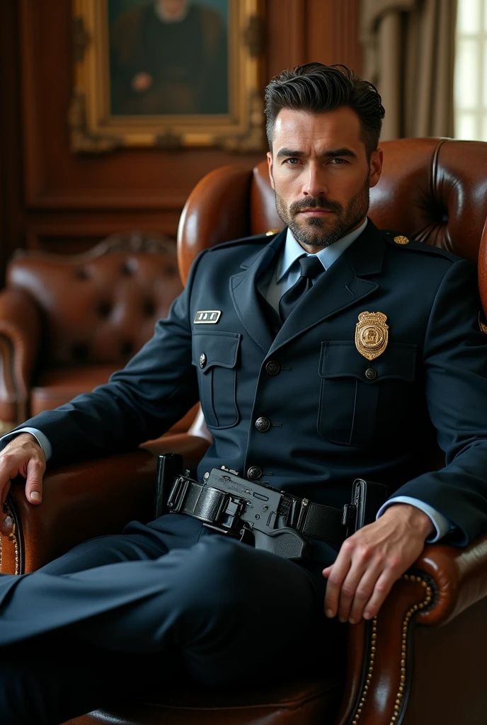 Photoshot of a handsome, tall, police-like man carrying a firearm while sitting on a luxurious chair
