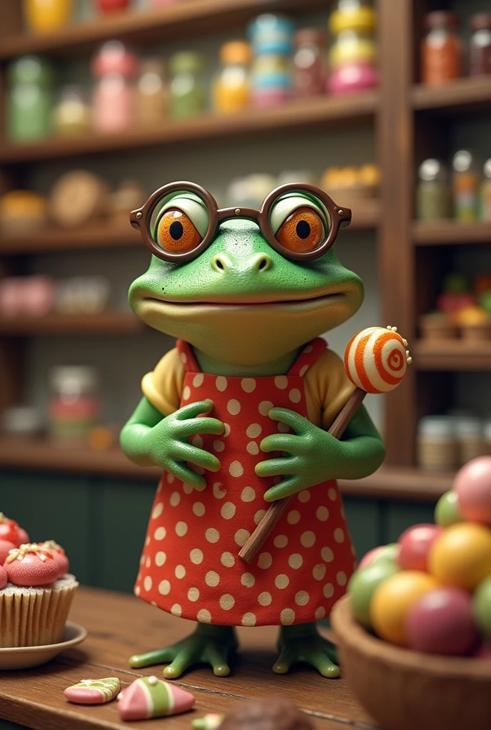 Retro Images,Storytelling,Tree frog,Ultra-realistic,high resolution,The frog is the candy store grandma,Wearing glasses,There are a lot of sweets on the shelves
