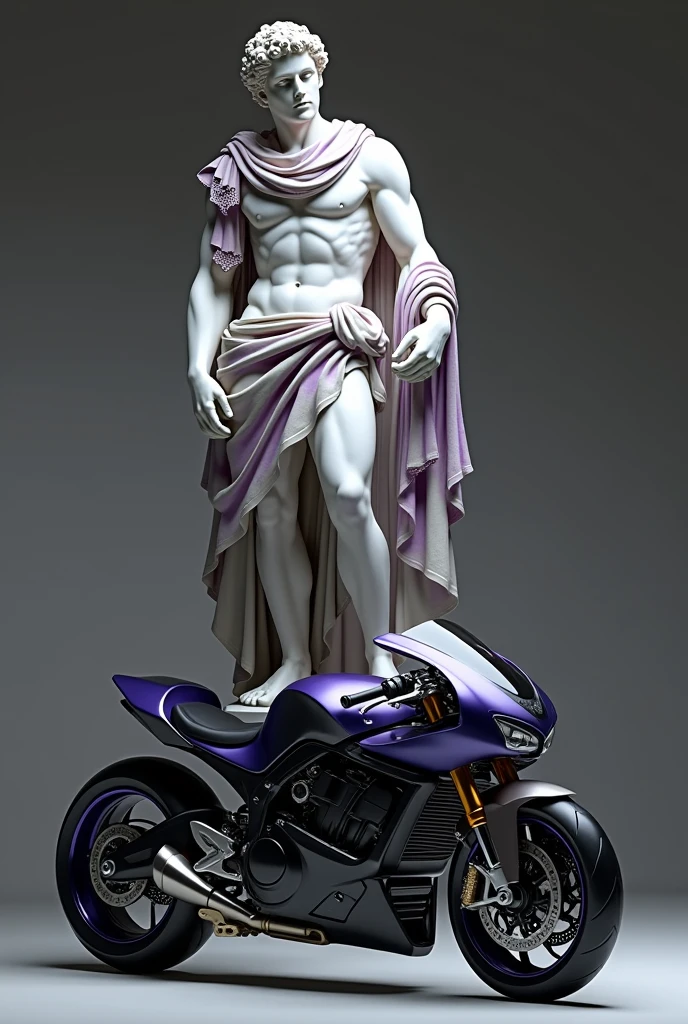 GREEK STATUE WITH PURPLE DETAILS ON CLOTHING ON TOP OF A MODERN MOTORCYCLE