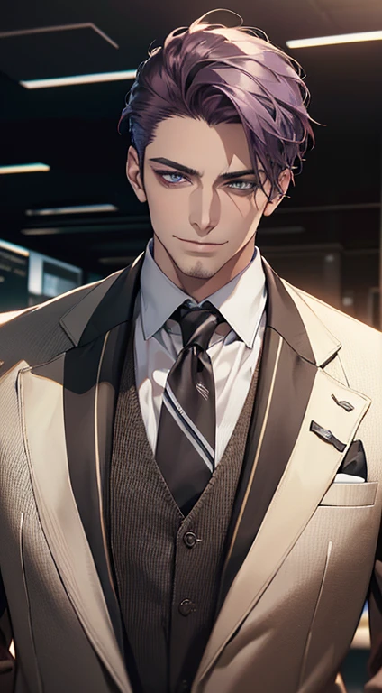 (best quality,4k,8k,highres,masterpiece:1.2),ultra-detailed,(realistic,photorealistic,photo-realistic:1.37),1 man,3,mature man,very handsome,without expression,smile,short purple hair,blue eyes,penetrating gaze, CEO in his office, huge with classic and modern architecture looking at his prey with a mischievous smile. wearing a modern grayish brown suit, with a black tie and yellow stripes. perfect face without errors,imposing posture,businessman,office background,cinematic lighting,hdr image