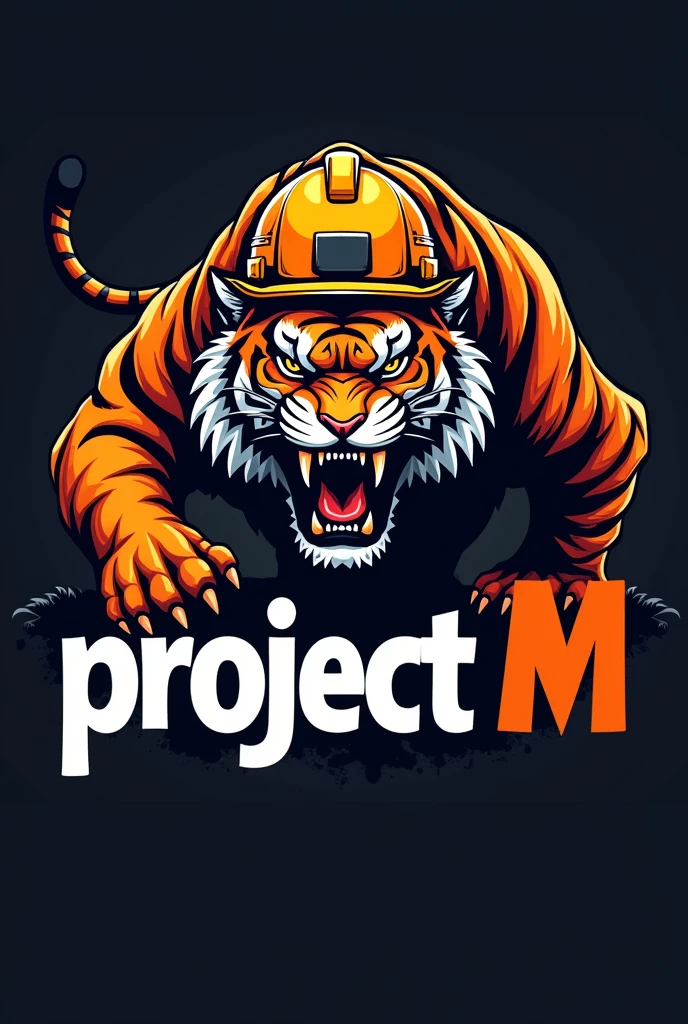 Create a political campaign logo that has a slogan: "Project M" next to an angry orange tiger wearing a miner's helmet