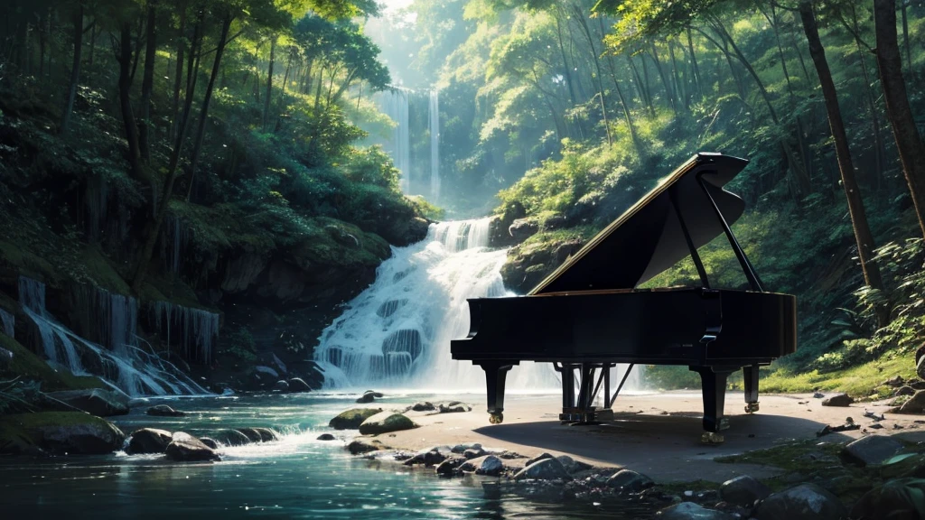 A grand piano, guitar, guitar, microphone on the shore near a stream flowing from a waterfall、White splashes are rising、In the forest of fresh vegetation、A large black grand piano placed by the riverside、Makoto Shinkai style anime illustrations、A rough illustration style、