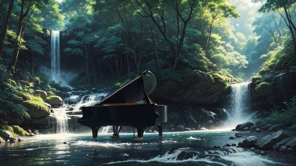 A grand piano, guitar, guitar, microphone on the shore near a stream flowing from a waterfall、White splashes are rising、In the forest of fresh vegetation、A large black grand piano placed by the riverside、Makoto Shinkai style anime illustrations、A rough illustration style、