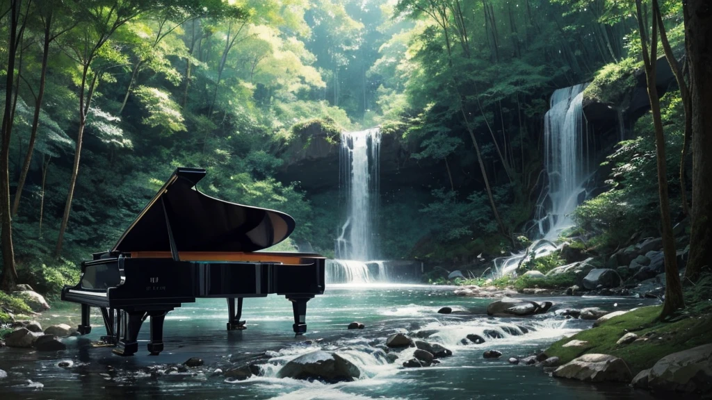 A grand piano, guitar, guitar, microphone on the shore near a stream flowing from a waterfall、White splashes are rising、In the forest of fresh vegetation、A large black grand piano placed by the riverside、Makoto Shinkai style anime illustrations、A rough illustration style、