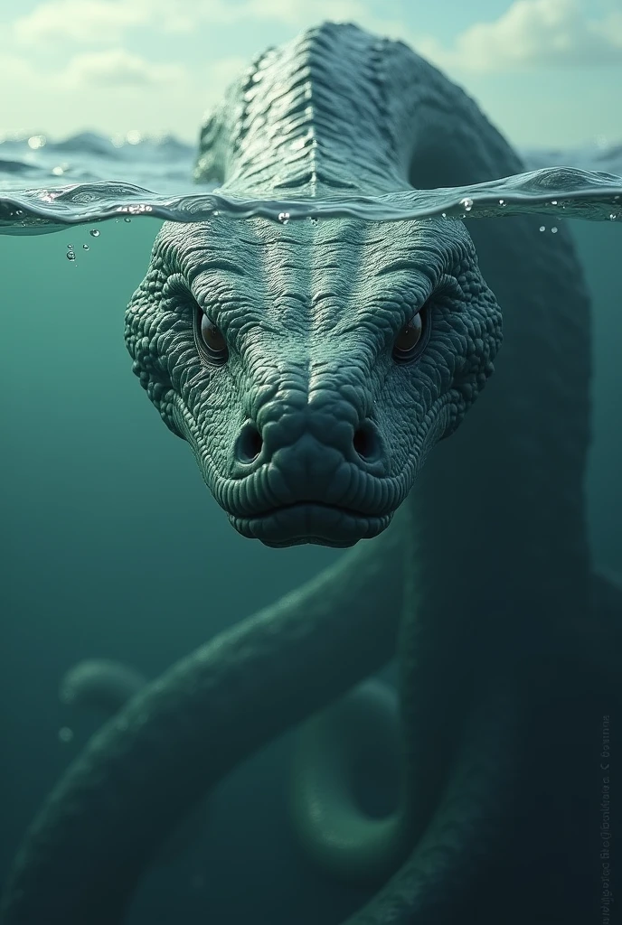 A giant realistic cobra-like snake under the sea with its head out of the water staring at the screen