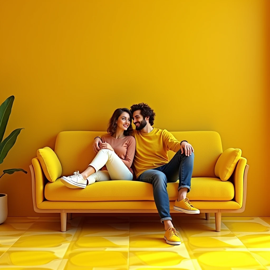 real happy couple on yellow couch with title floor