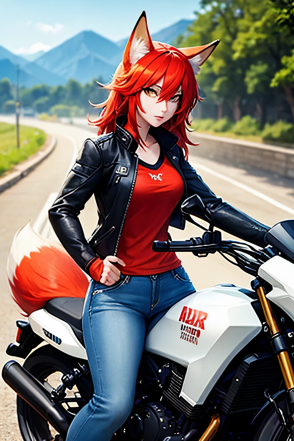 Beautiful Fox Female, White Skin, Red Hair, Yellow Eyes, Black Jacket, Blue Jeans, Riding a Motorcycle.