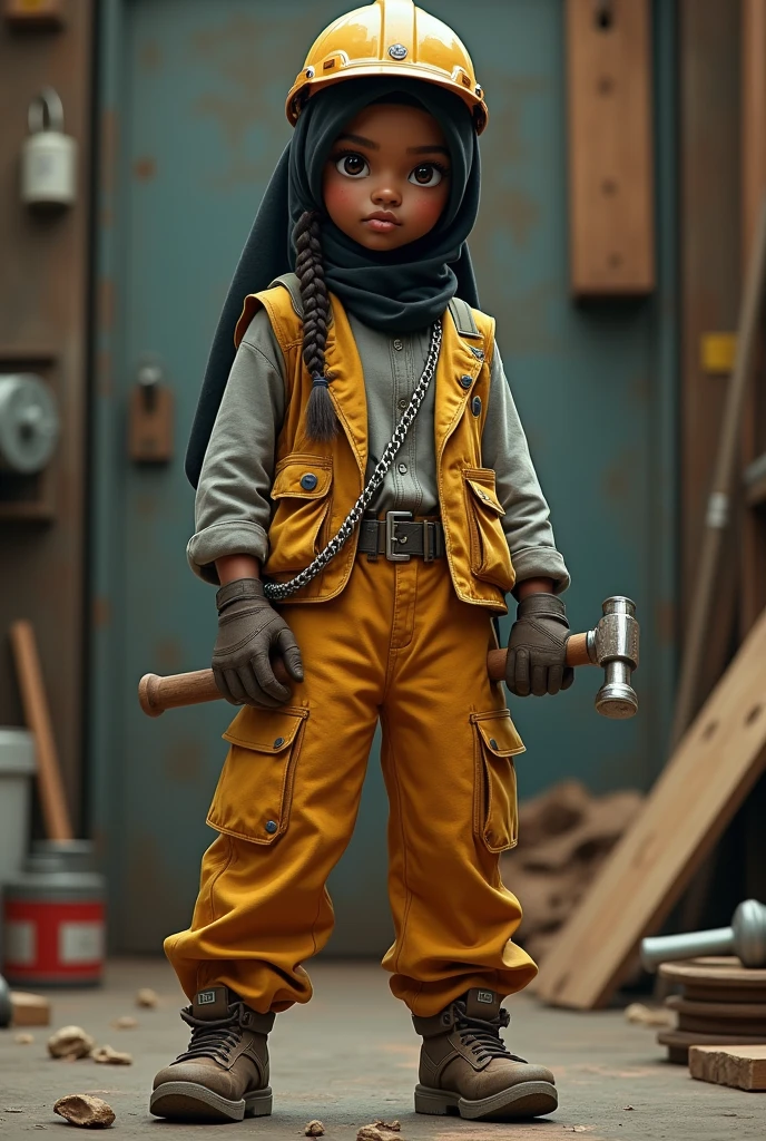 Black muslim girl wearing baggy cargo, vest, engineer cap, engineering costumes, large ice chain written "MINNIE NUGGET" and carrying engineering's materials ( hammer )