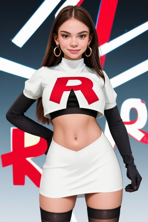 The face of Olivia Rodrigo, 1girl, solo, team rocket,team rocket uniform,white skirt,red letter R,crop top,black thigh-highs,black elbow gloves, earrings, large breasts, 