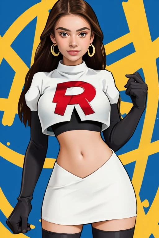 The face of Olivia Rodrigo, 1girl, solo, team rocket,team rocket uniform,white skirt,red letter R,crop top,black thigh-highs,black elbow gloves, earrings, large breasts,