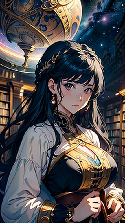 (Highest quality、High resolution、masterpiece)、(Anime Art 4k)、((One Woman、astrologer、Astronomer、Upper Body、Black Hair、Small breasts)), ((Inside the big library、Large celestial globe、astrologerの机))、Victorian Style、steampunk、Cinema Lighting、Ray Tracing、(Watercolor of singer Sargent)、