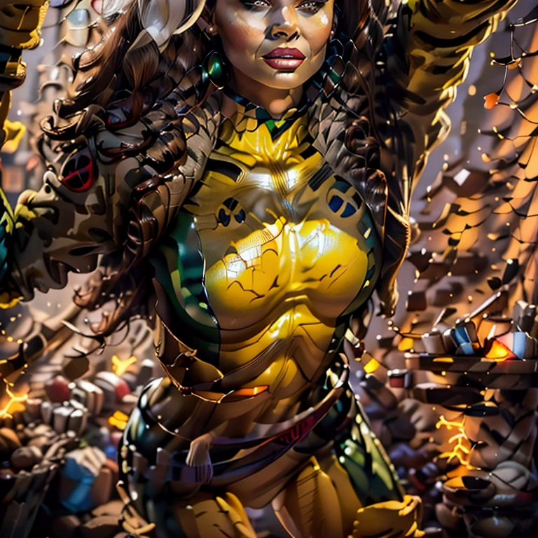 A realistic sext woman, rogue, xmen, perky breasts, brown jacket, yellow bodysuit,