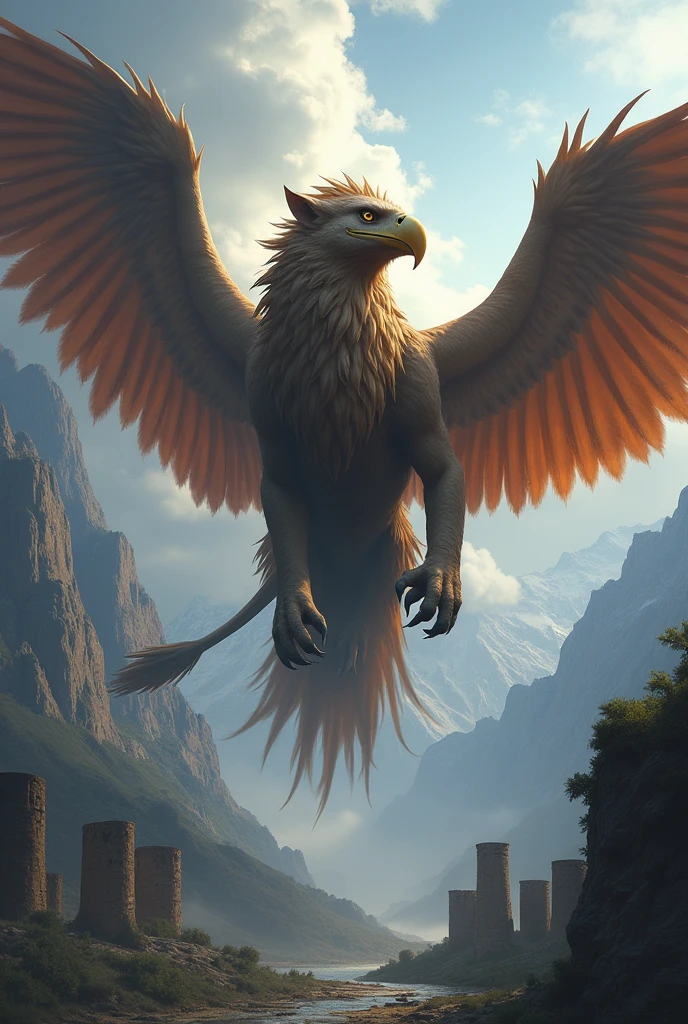 Gryphon, mythological creatures, Majestic, Powerful wings, Lion body, Eagle head, Fierce gaze, Sharp claws, feater, Golden beak, Large size, Flying, Mountains, Cloudy sky, Ancient ruins, Fantasy realm, mythological landscape, Epic, magical, mythological creatures, mythological beasts, Fierce, Mythical monsters