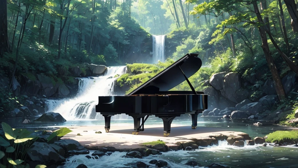 A grand piano, guitar, guitar, microphone on the shore near a stream flowing from a waterfall、White splashes are rising、In the forest of fresh vegetation、A large black grand piano placed by the riverside、Makoto Shinkai style anime illustrations、A rough illustration style、