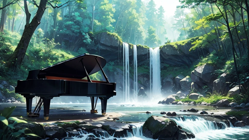 A grand piano, guitar, guitar, microphone on the shore near a stream flowing from a waterfall、White splashes are rising、In the forest of fresh vegetation、A large black grand piano placed by the riverside、Makoto Shinkai style anime illustrations、A rough illustration style、