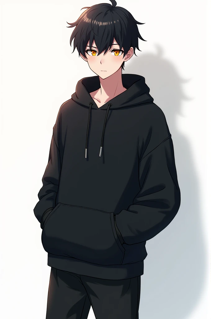 Anime handsome boy black hoodie black pant white sneakers yellow eyes