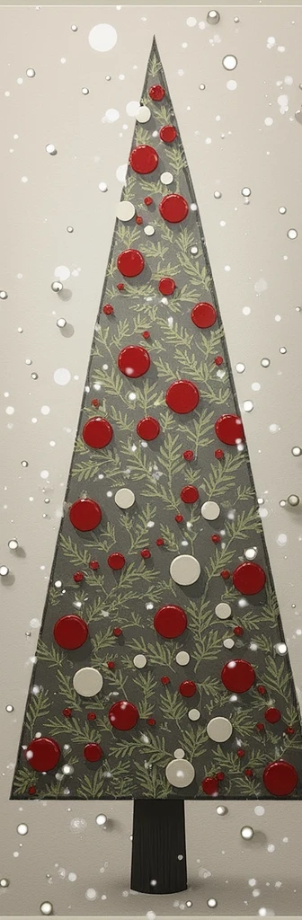Festive Christmas Tree. This image features a stylized representation of a Christmas tree. The tree is depicted in a triangular shape with a brown base, suggesting a trunk. The body of the tree is adorned with an array of red and white circular ornaments scattered across what appears to be green foliage in the background. Surrounding the tree are white dots of various sizes against a light background, which could be interpreted as snowflakes or lights, giving an impression of a snowy scene. This image captures the essence of holiday decorations and festivities through its use of traditional Christmas colors and motifs.