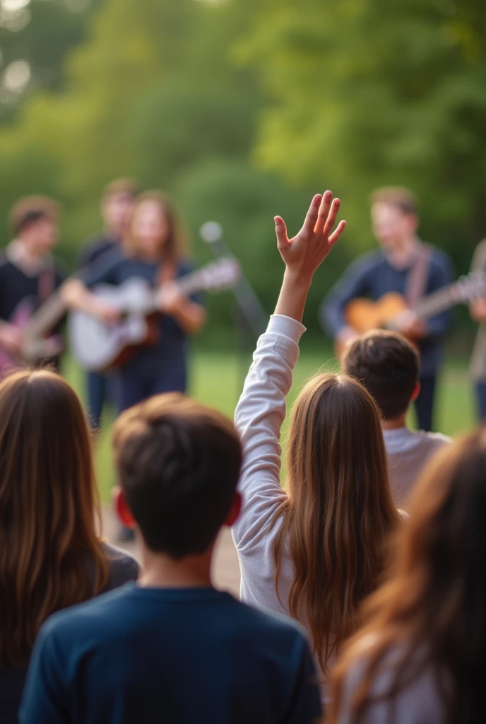 Photo from the audience Christian music group Various instruments Young musicians High image quality Outdoors 2 people from the audience have their hands raised At 11am In a park Musicians out of focus Focus on the audience 
