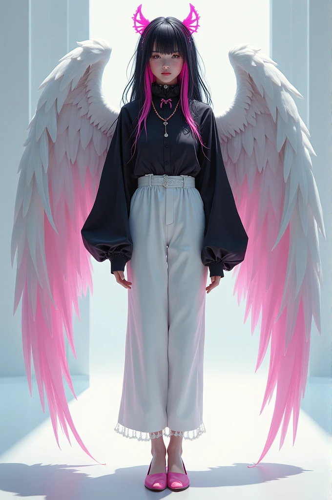 Female character with black hair with pink with the old man&#39;s beard clothes white Angélical pants black blouse and with pink slippers 