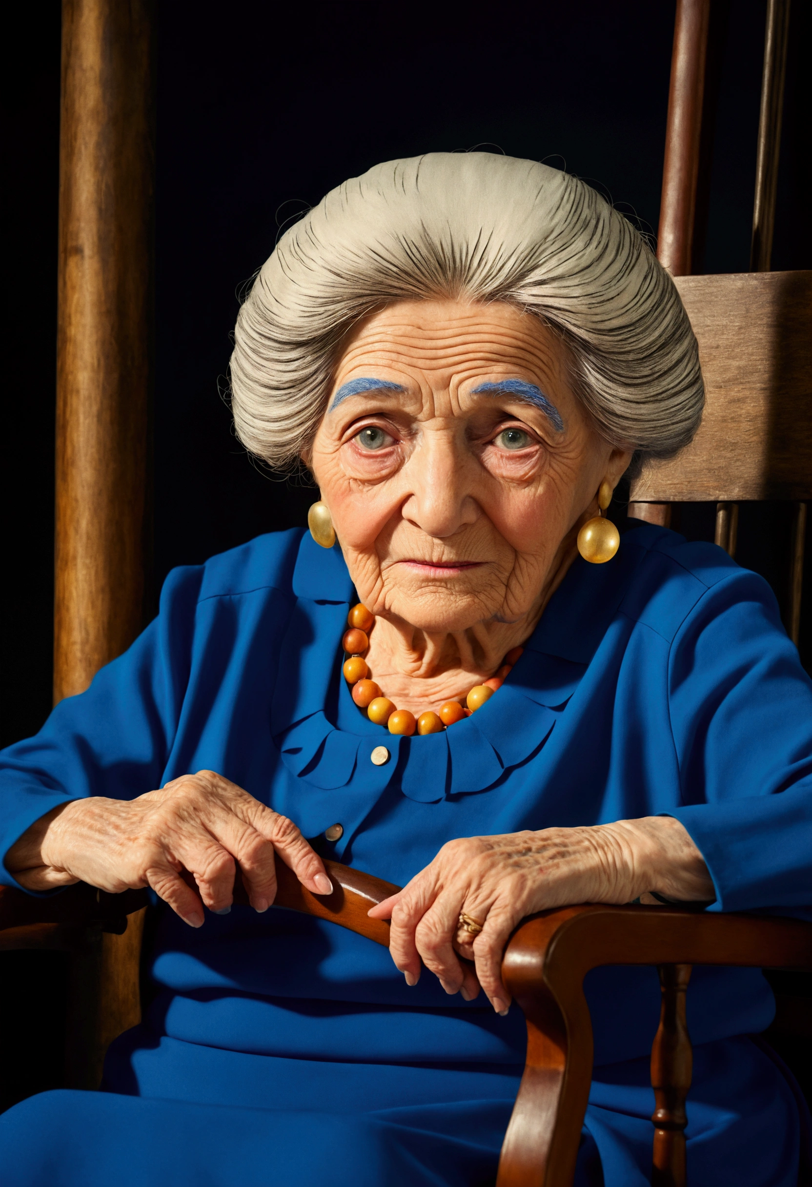 Old woman sitting on chair, realistic photography, ultra realistic, 