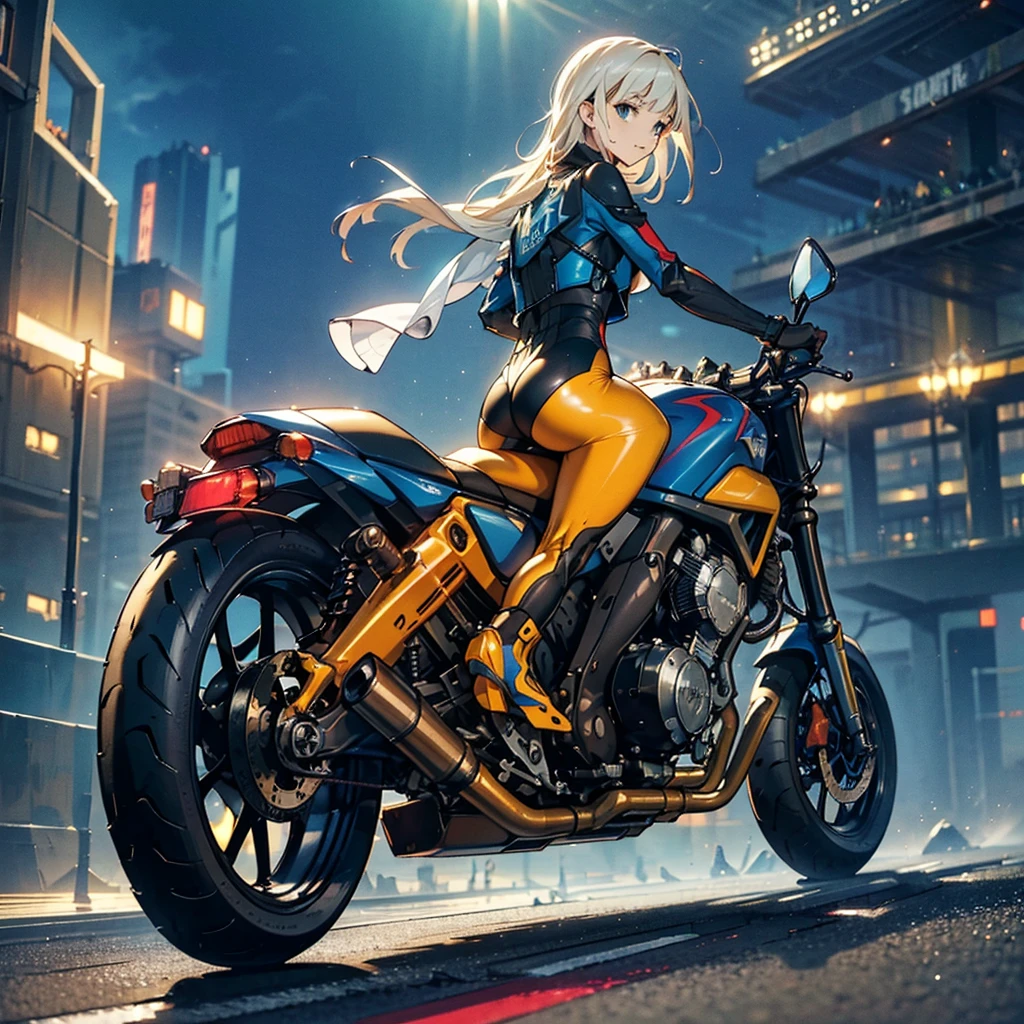 Sky City、(masterpiece), Highest quality, Fantasy art, One person, (alone:1.5), riding on a cyberpunk style motorcycle, Ground vehicles, car, Speed Line, Bright colors,spark,(Racing Suits),(Racing Gloves),((Remember)),((Butt)),(Sweat),(hand,detailed,perfection,perfectionion,hands