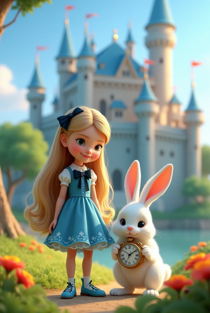 The image features a child character with long, blonde hair., wearing a blue dress with white details and a black bow. She is standing next to a white rabbit holding a clock.. The character shows off her blue shoes, that complement your outfit. Ao fundo, there is an enchanted castle with towers and flags, set in a lush green environment with flowers. The scene conveys a magical and playful atmosphere, typical of fairy tales. Real 3d pixar image
