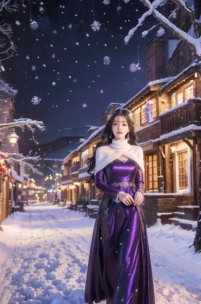 **A woman in a deep purple evening dress** walking through a (snowy_village_street:1.40), (festive_lights:1.35) twinkling around her, (gentle_snowfall:1.30), (high_resolution:1.45).