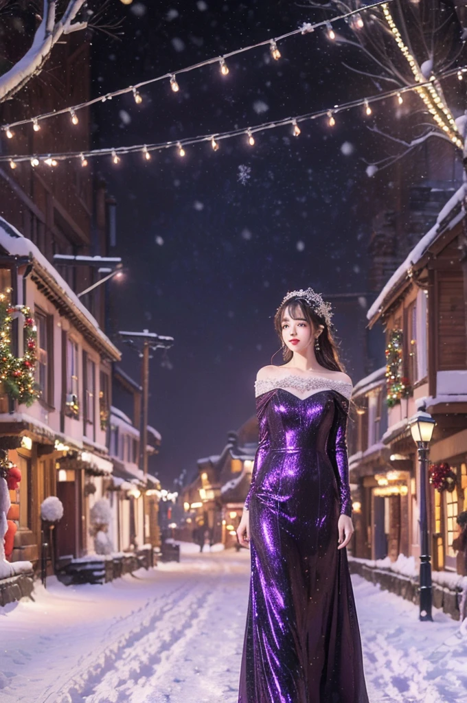 **A woman in a deep purple evening dress** walking through a (snowy_village_street:1.40), (festive_lights:1.35) twinkling around her, (gentle_snowfall:1.30), (high_resolution:1.45).